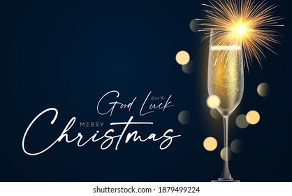 Shining champagne. Merry Christmas and Happy New Year design template with gold champagne glasses, light and bokeh effect.