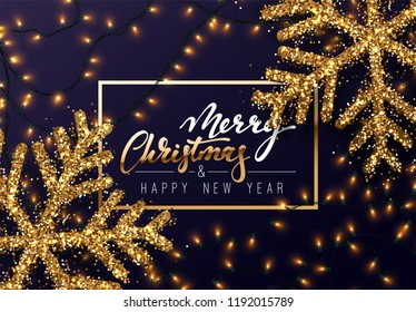 Shining Christmas background with gold snowflakes and light garlands golden color. Merry Christmas greeting card, banner, web poster. Vector Illustration.