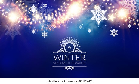 Shining Christmas Background with Lights. Happy New Year Banner. Winter Space. Elegant Snow Template. Vector illustration