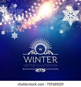 Shining Christmas Background with Lights. Happy New Year Banner. Winter Space. Elegant Snow Template. Vector illustration