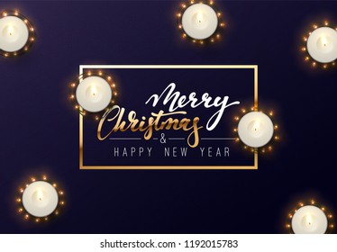 Shining Christmas background with realistic white candles and light garlands golden color. Merry Christmas greeting card, banner, web poster. Vector Illustration.