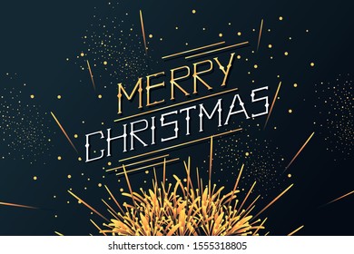 Shining christmas background. Sparkler. Sparkling gold particles on a dark background. Vector template for greeting card, banner, poster, greeting, backdrop. Lettering. 