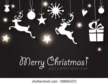 Shining Christmas Card Template with Gold Deers, Bell, Balloons, Balls, Gifts and Stars. Vector illustration