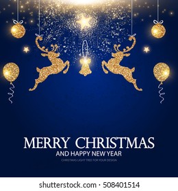 Shining Christmas Card Template with Gold Deers, Bell, Balloons, Balls and Stars. Vector illustration