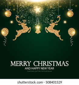 Shining Christmas Card Template with Gold Deers, Bell, Balloons, Balls and Stars. Vector illustration