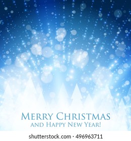 Shining christmas colorful background with backlight and glowing particles. Abstract vector Happy New Year backdrop. Pine trees silhouette on the back. Elegant shining background for you design. 