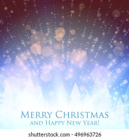 Shining christmas colorful background with backlight and glowing particles. Abstract vector Happy New Year backdrop. Pine trees silhouette on the back. Elegant shining background for you design. 