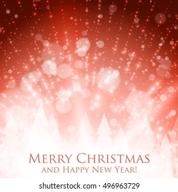 Shining christmas colorful background with backlight and glowing particles. Abstract vector Happy New Year backdrop. Pine trees silhouette on the back. Elegant shining background for you design. 