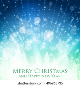 Shining christmas colorful background with backlight and glowing particles. Abstract vector Happy New Year backdrop. Pine trees silhouette on the back. Elegant shining background for you design. 