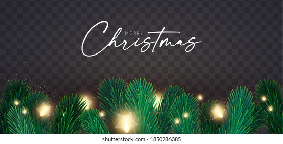 Shining Christmas decoration with fir tree branches, light bulbs gold glitter and bokeh effect. New Year design template.