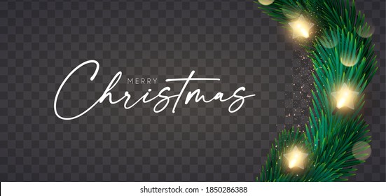 Shining Christmas decoration with fir tree branches, light bulbs gold glitter and bokeh effect. New Year design template.