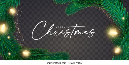 Shining Christmas decoration with fir tree branches, light bulbs gold glitter and bokeh effect. New Year design template.