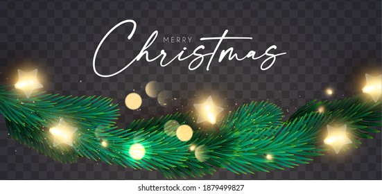 Shining Christmas decoration with fir tree branches, light bulbs gold glitter and bokeh effect. New Year design template.