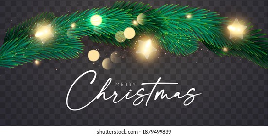 Shining Christmas decoration with fir tree branches, light bulbs gold glitter and bokeh effect. New Year design template.