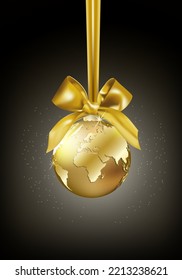 Shining Christmas golden ball with world map on it. Planet Earth hanging on a satin ribbon with bow on dark background with light and star dust. Vector illustration