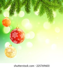 Shining Christmas and New Year background with fir branches and hanging balls