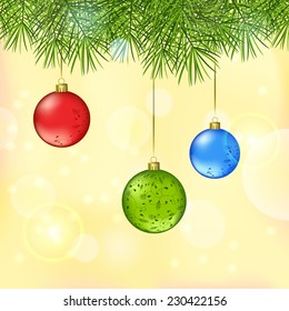 Shining Christmas and New Year vector background with fir branches and hanging balls
