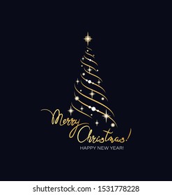 Shining Christmas spruce. Isolated. Golden, glowing, sparkling lights. Black background. Gold Christmas tree as symbol of Happy New Year, Merry Christmas holiday celebration. Golden light decoration. 