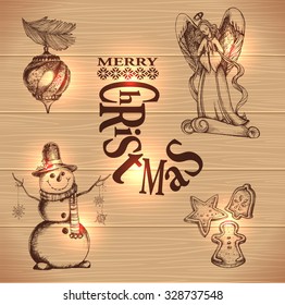 Shining christmas symbols and elements for design over wooden background. Vector illustration