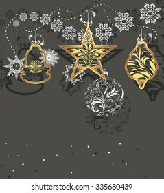 Shining Christmas toys and tinsel isolated on a dark gray background. Vector