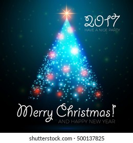 Shining Christmas Tree. Colorful Holiday Background with Spotlight. Vector illustration