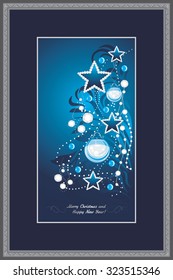 Shining Christmas tree in decorative frame. Postcard. Vector
