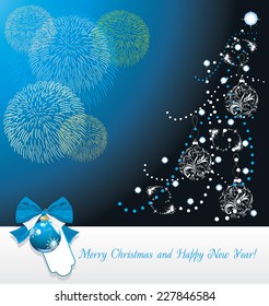 Shining Christmas tree and fireworks. Greeting card. Vector