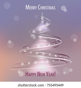 Shining Christmas tree. Christmas gentle card. Snowflakes are falling. Merry Christmas, Happy New Year