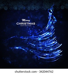 Shining Christmas tree. Glittering stars on bokeh background. ?elebratory salute - festive fireworks. Elegant Christmas background. Abstract Winter background. Christmas abstract bokeh