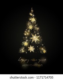 Shining Christmas tree. Glow dots and gold glittering snowflakes on black background. Vector.