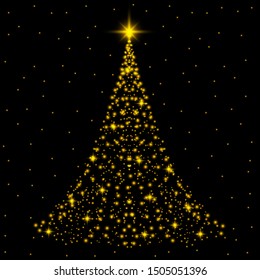 Shining Christmas tree. Glow dots and gold glittering snowflakes on black background. Vector.