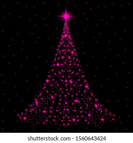 Shining Christmas tree. Glow dots and glittering snowflakes on black background. Vector.