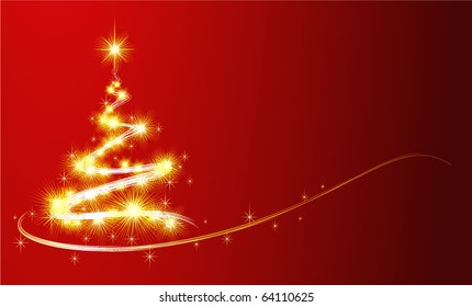 Shining Christmas  tree with golden sparkles. Vector.