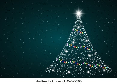 Shining Christmas tree made of shining and sparkles snowflakes  and with colorful garlands. Merry Christmas Vector Background.