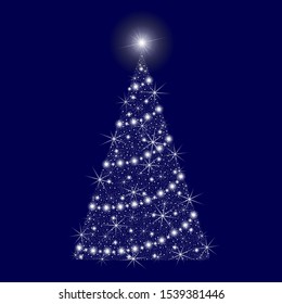 Shining Christmas tree made from star lights on a dark blue background