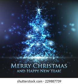 Shining christmas tree on blue background with backlight and glowing particles. Abstract vector background. Glowing fir-tree. Elegant shining background for you design. EPS 10