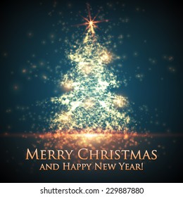 Shining christmas tree on blue background with backlight and glowing particles. Abstract vector background. Glowing fir-tree. Elegant shining background for you design. EPS 10