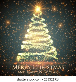 Shining christmas tree on blue background with backlight and glowing particles. Abstract vector background. Glowing fir-tree. Elegant shining background for you design. EPS 10