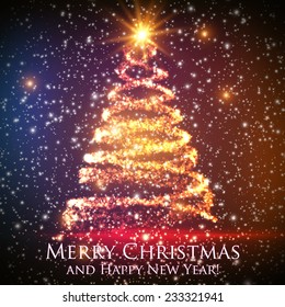 Shining christmas tree on colorful background with backlight and glowing particles. Abstract vector background. Glowing fir-tree. Elegant shining background for you design. EPS 10