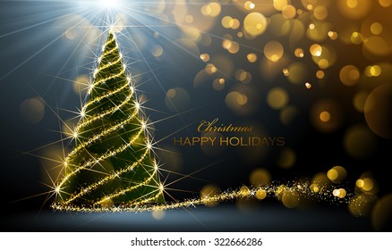 Shining Christmas tree on dark background with bokeh effect.  Vector Illustration