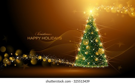 Shining Christmas tree on dark background with bokeh effect.  Vector Illustration