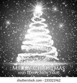 Shining christmas tree on monochrome background with backlight and glowing particles. Abstract vector background. Glowing fir-tree. Elegant shining background for you design. EPS 10