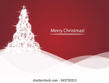 Shining Christmas tree on red abstract background. Vector Illustration