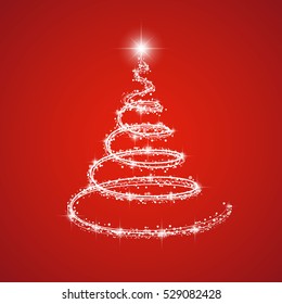 Shining christmas tree on red background. Vector.