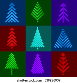  Shining Christmas tree set on dark backgrounds. Vector illustration.