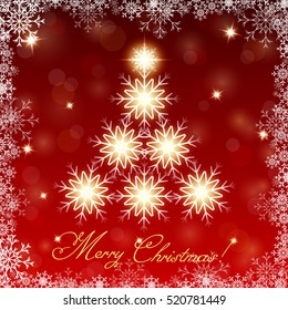 Shining Christmas tree from snowflakes. Abstract background set snowflakes,vibrant stars gleam, flashes and sparkles. Christmas decorations. Postcard New Year. Template, poster. Vector