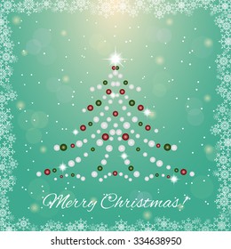 Shining Christmas tree with snowflakes and colored baubles. Abstract background. Happy New Year 2016 and Merry Christmas. Postcard for New Year, Christmas. Poster, template. Vector illustration.