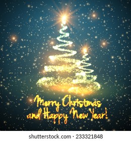 Shining christmas trees on blue background with backlight and glowing particles. Abstract vector background. Glowing fir-tree. Elegant shining background for you design. EPS 10