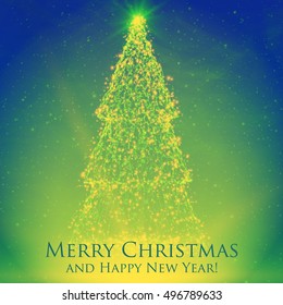Shining christmas trees on colorful background with backlight and glowing particles. Abstract vector background. Glowing fir-tree. Elegant shining background for you design. 