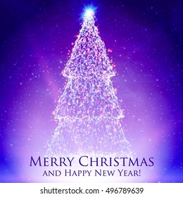 Shining christmas trees on colorful background with backlight and glowing particles. Abstract vector background. Glowing fir-tree. Elegant shining background for you design. 